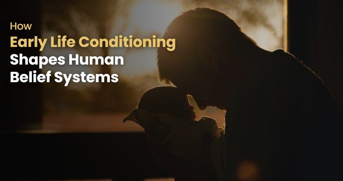 Parent holding a newborn in warm backlight, showing how early life conditioning shapes human belief systems.