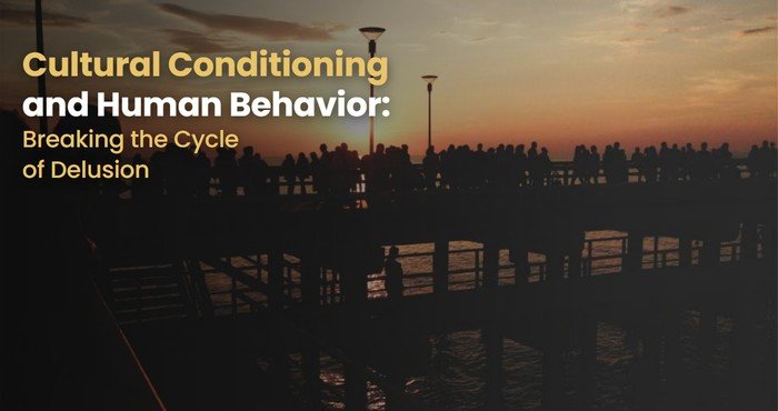 Crowd silhouettes on a pier at dusk, representing cultural conditioning and human behavior.